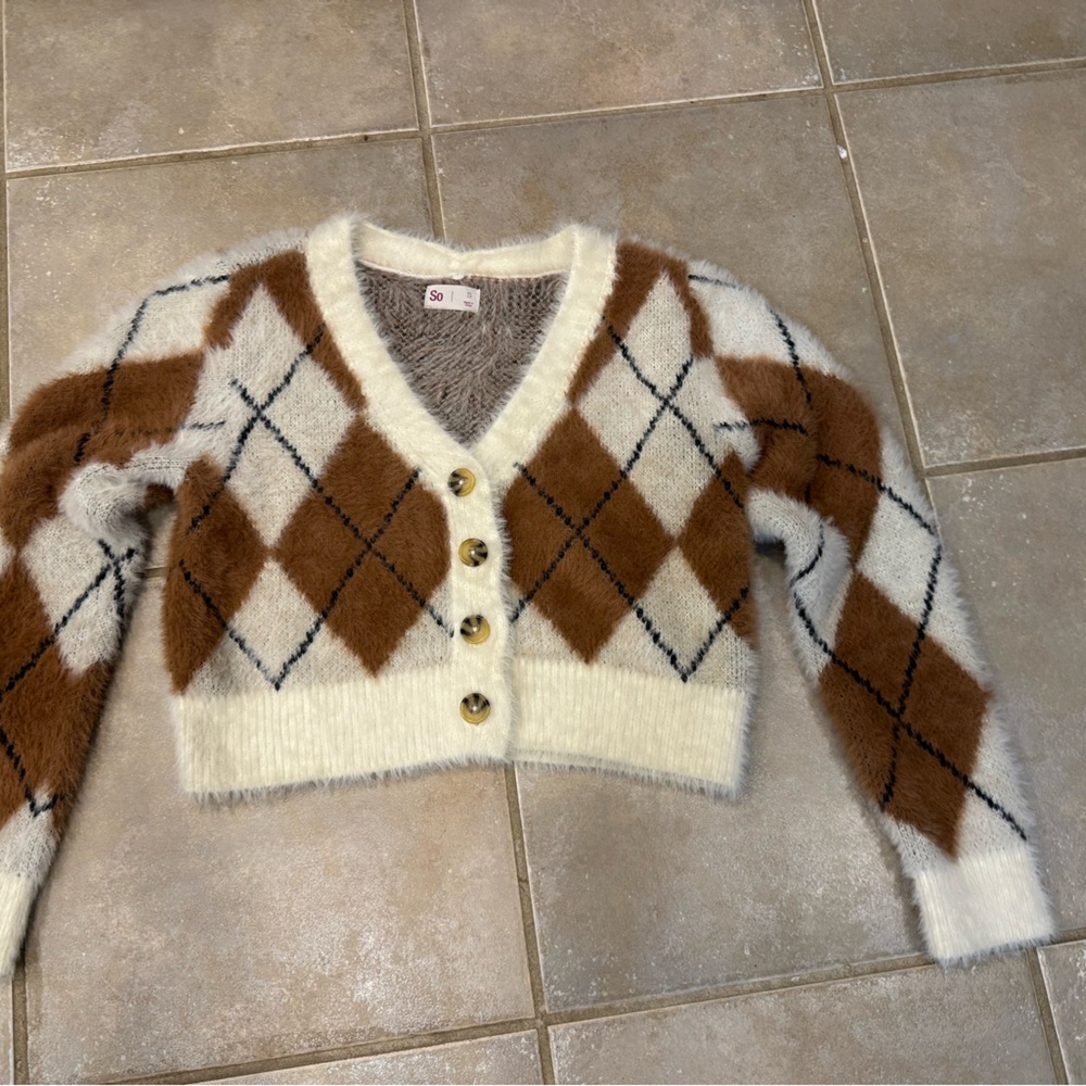 XSOLDXFuzzy Cardigan with Brown and Cream Pattern